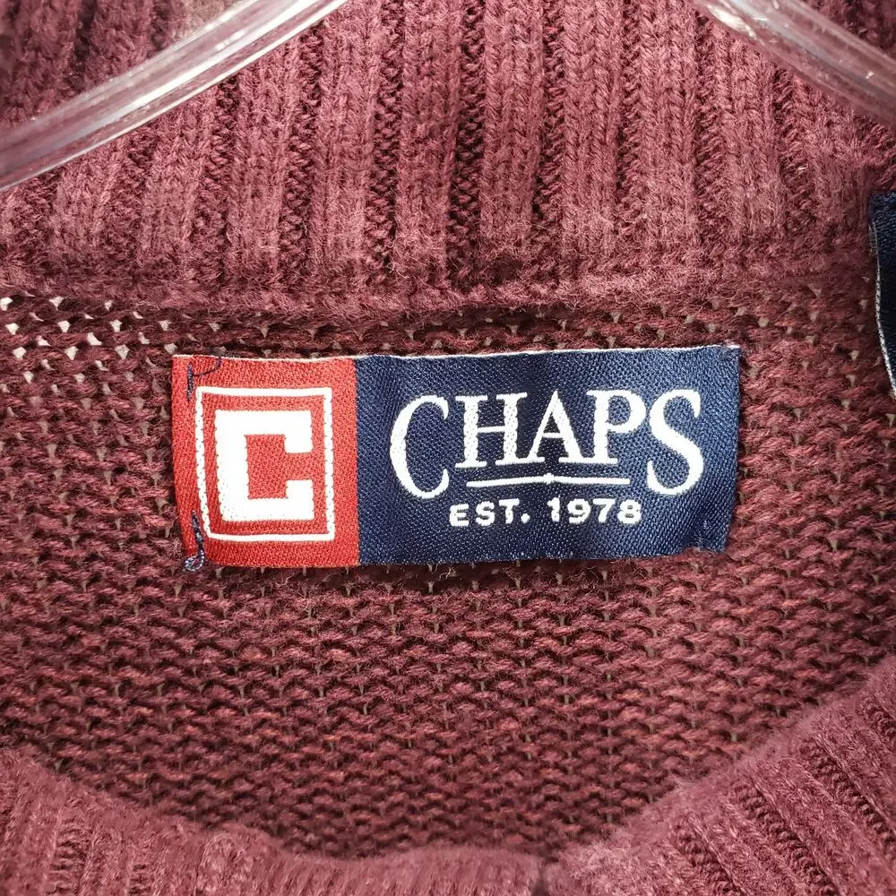 Chaps Men's Maroon Knit Elbow Patch 100%Cotton Sweater Size Medium